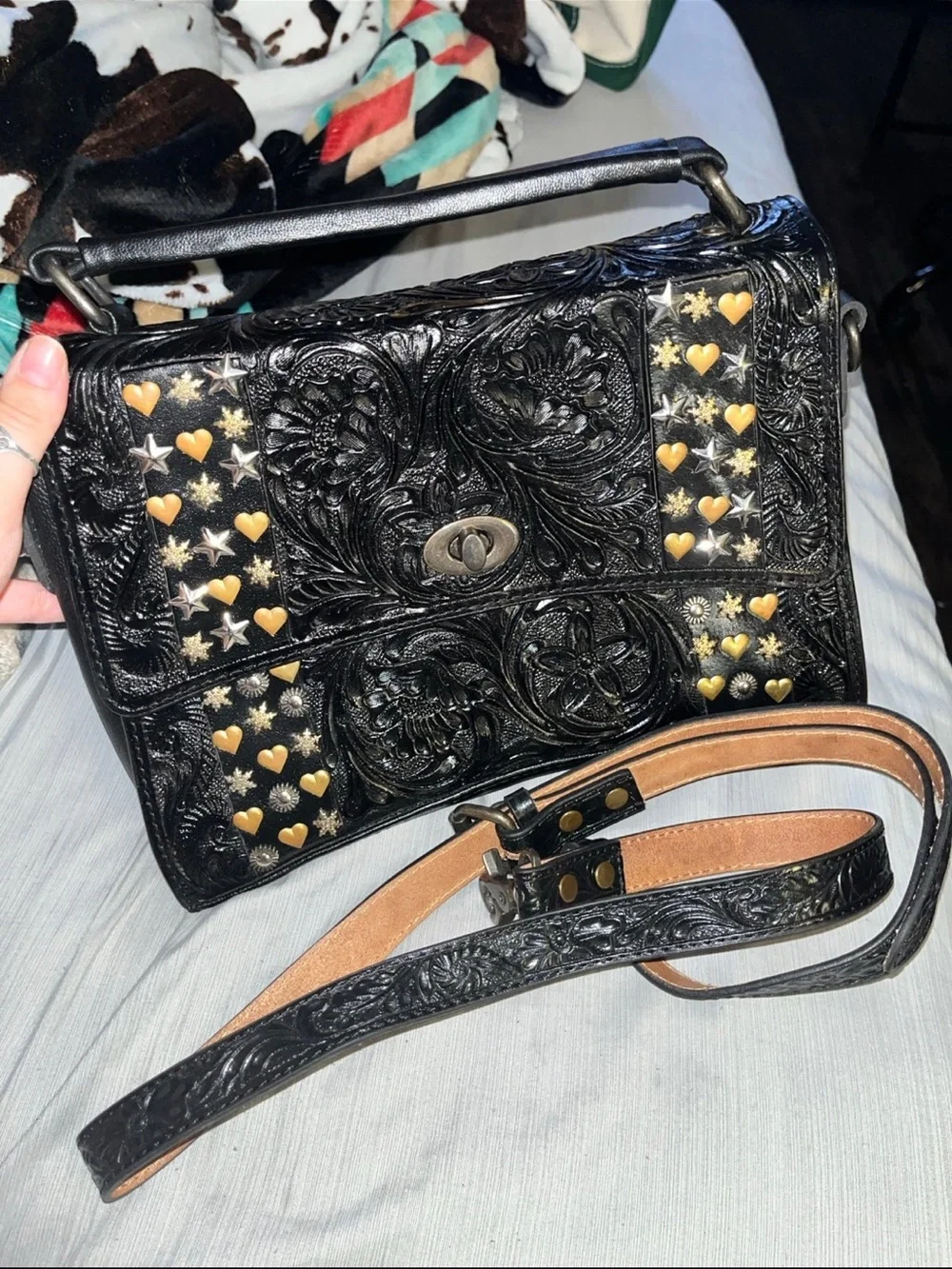 American Darling Black Embossed Leather Crossbody with Gold Heart & Star Studs